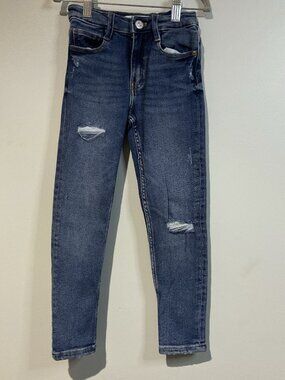 Zara Girls' Skinny Slim Blue Jeans Size 7 Adjustable Waist Ripped Distressed